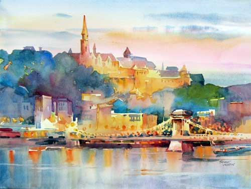 Budapest at Dusk, watercolor by Bridget Austin